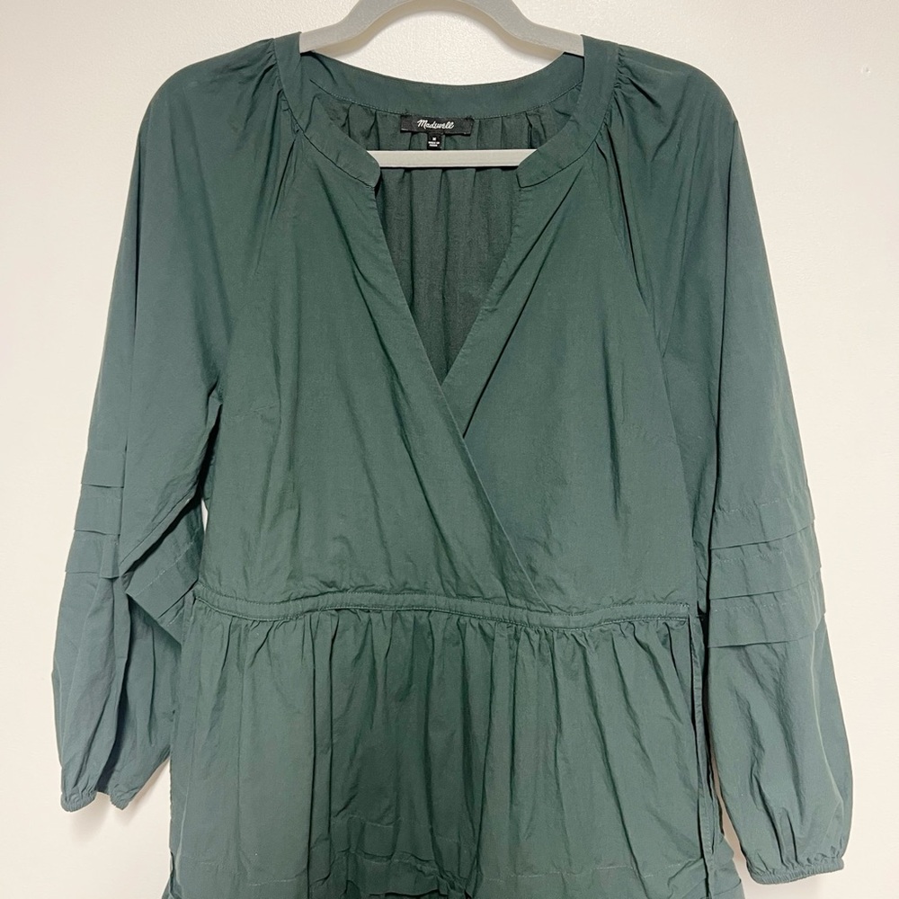 Madewell Crinkle Poplin Wrap Mini Dress in Dark Green Palm Sz M - Picture 6 of 7
